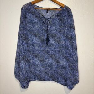 Lane Bryant Sheer Blue Black Geometric Long Sleeve Blouse Tassel Womens Sz 22 24